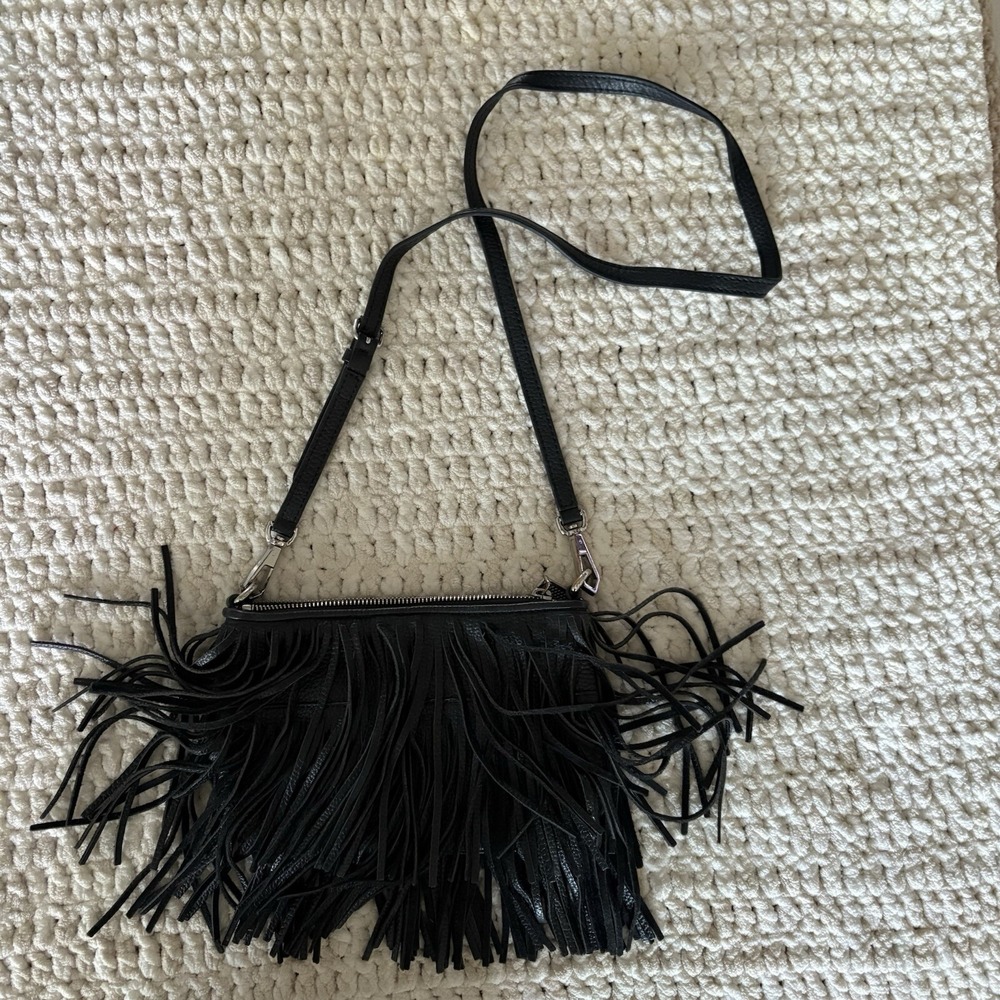 Rebecca Minkoff Fringe Black Crossbody Hippie Boho Leather Bag Purse Adj Strap
